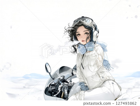 Illustration material of a female rider touring in winter on a sports bike 127493862