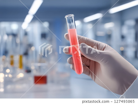 一隻手握住裝有人造血液的試管的圖像 127493865