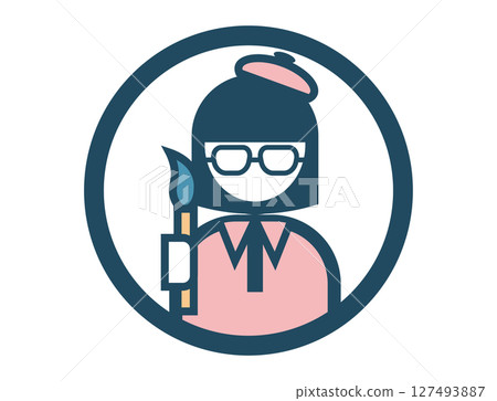 畫家手持畫筆的圓形簡單彩色插圖圖標 127493887