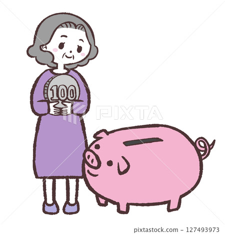 Illustration of a senior woman holding money in front of a piggy bank 127493973