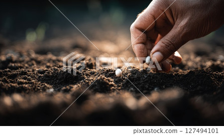 Close-Up of Hand Planting Seeds into Fertile Soil at Sunrise 127494101