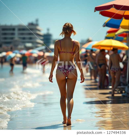 A woman in a bikini walking along a busy beach A woman in a bikini walking along a busy beach 127494336