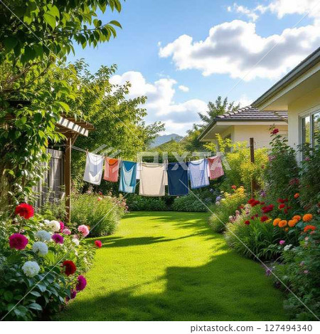 Laundry swaying in the summer light and a colorful garden 127494340