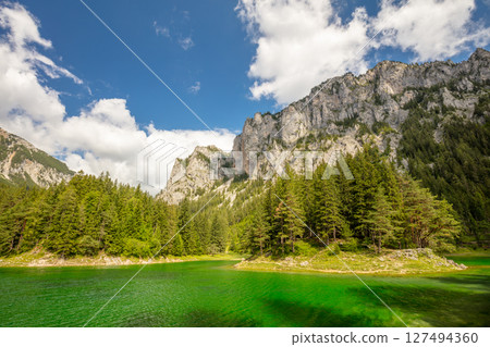 Coniferous Forest on the Islands of a Mountain Lake 127494360