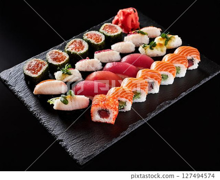 Assorted sushi on black slate Assorted sushi on black slate 127494574
