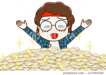 (Front view of upper body) A geek wearing glasses is buried under a pile of coins with a happy grin on his face 127494589
