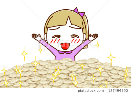 (Front view of upper body) A Caucasian girl buried in a pile of coins with a happy grin on her face 127494590