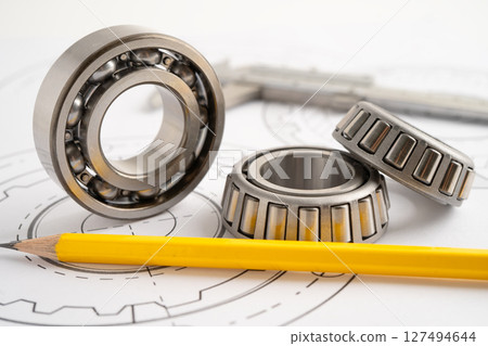 Engineering tools and mechanical industrial with vernier caliper and metal ball bering. Engineering tools and mechanical industrial with vernier caliper and metal ball bering. 127494644