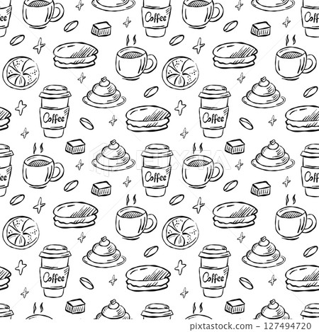 Cozy coffee doodle pattern with cups, pastries, and coffee beans in a charming layout Cozy coffee doodle pattern with cups, pastries, and coffee beans in a charming layout 127494720