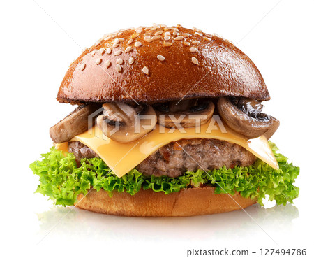 Burger with mushrooms, cheese, patty and lettuce. White background. 127494786