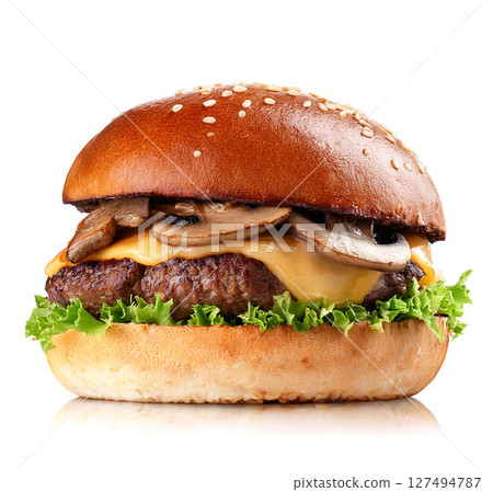 Burger with mushrooms, cheese, patty and lettuce. White background. 127494787