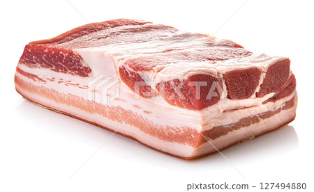 Fresh raw block of pork belly. White background. 127494880
