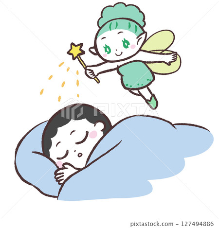 一個熟睡的男孩和一個仙女的插圖 一個熟睡的男孩和一個仙女的插圖 127494886