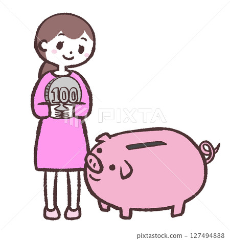 Illustration of a woman holding money in front of a piggy bank 127494888