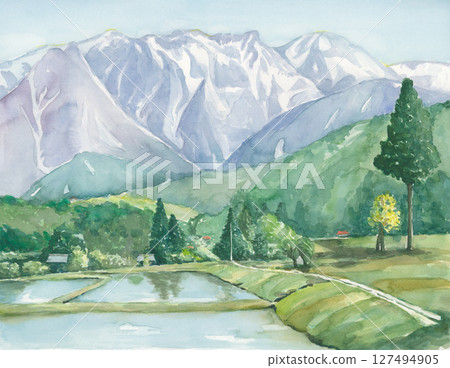 白馬山與鄉村風景的手繪水彩畫 白馬山與鄉村風景的手繪水彩畫 127494905