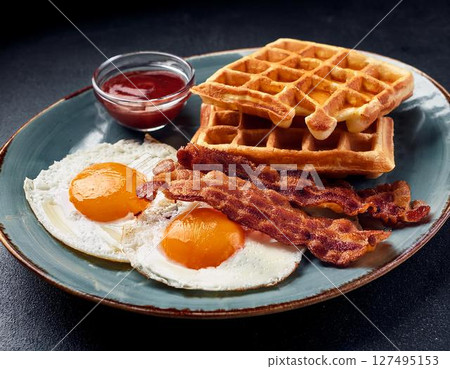 Waffles, fried eggs and crispy bacon breakfast Waffles, fried eggs and crispy bacon breakfast 127495153