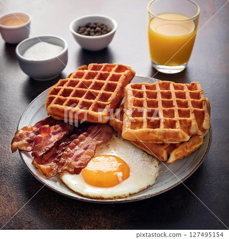 Waffles, fried eggs and crispy bacon breakfast Waffles, fried eggs and crispy bacon breakfast 127495154