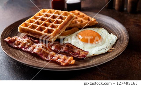 Waffles, fried eggs and crispy bacon breakfast 127495163