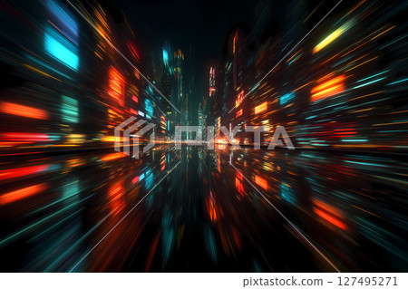 夜間駕車穿過霓虹閃爍的賽博龐克城市的運動模糊 127495271