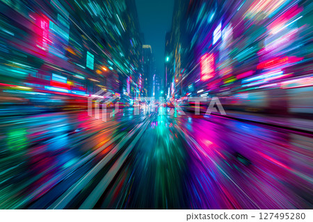 Motion blur of a night drive through a neon-lit cyberpunk city 127495280