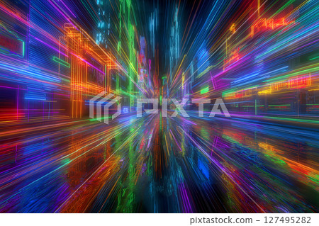 夜間駕車穿過霓虹閃爍的賽博龐克城市的運動模糊 127495282