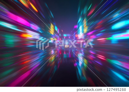 夜間駕車穿過霓虹閃爍的賽博龐克城市的運動模糊 127495288