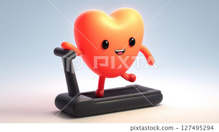Cute, smiling heart character joyfully runs on treadmill, symbolizing health and fitness Cute, smiling heart character joyfully runs on treadmill, symbolizing health and fitness 127495294