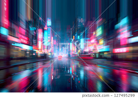 夜間駕車穿過霓虹閃爍的賽博龐克城市的運動模糊 127495299