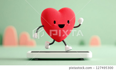Cute, smiling heart character joyfully runs on treadmill pad in playful, pastel colored setting 127495300