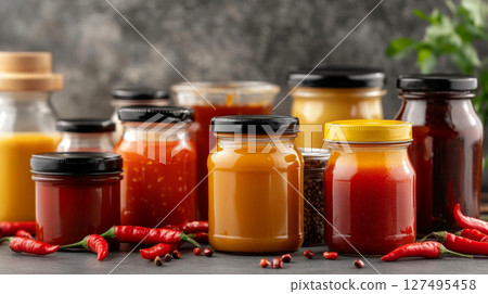 Variety of glass jars and bottles containing hot pepper chilli sauces, background 127495458