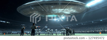 UFO hovering over football stadium during night game, crowd mesmerized UFO hovering over football stadium during night game, crowd mesmerized 127495472