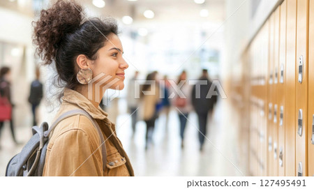 Young latin american woman smiling in college hallway, surrounded by lockers 127495491