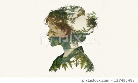 Double exposure of indigenous woman and forest landscape, nature concept, background 127495492