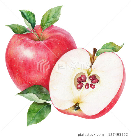 Red apple with green leaves and sliced half showing seeds, fresh and natural fruit Red apple with green leaves and sliced half showing seeds, fresh and natural fruit 127495532