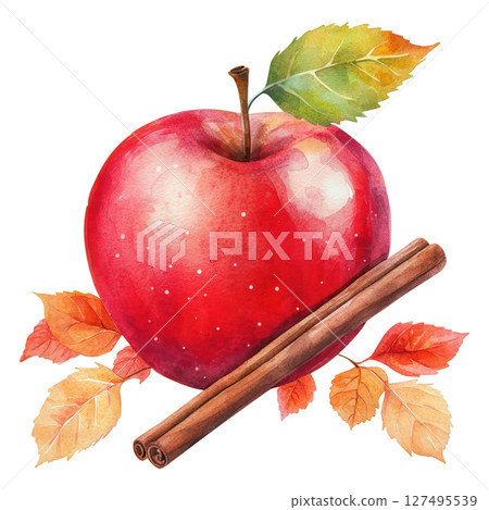 Vibrant red apple with cinnamon sticks and colorful autumn leaves creating warm seasonal feel 127495539