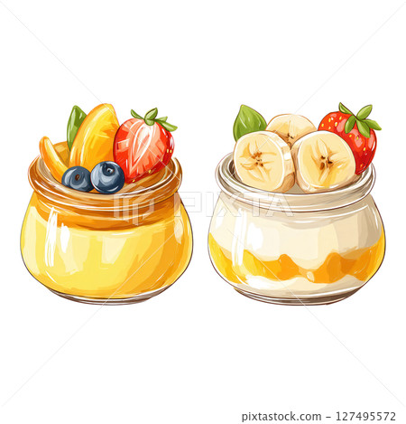 Two jars of creamy pudding topped with fresh fruit slices and berries, colorful and appetizing 127495572