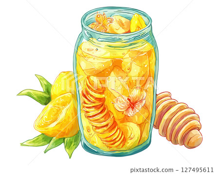 Fermented drink with lemon and ginger in glass jar with fresh lemon and ginger root 127495611