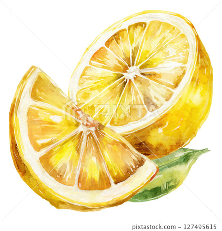 Lemon slice watercolor painting with fresh citrus fruit and green leaf detail Lemon slice watercolor painting with fresh citrus fruit and green leaf detail 127495615