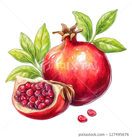 Pomegranate fruit with green leaves and juicy red seeds in natural watercolor style Pomegranate fruit with green leaves and juicy red seeds in natural watercolor style 127495676