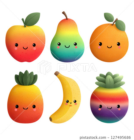Cute smiling fruits with faces in rainbow colors and bright shades Cute smiling fruits with faces in rainbow colors and bright shades 127495686