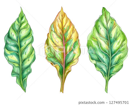 Green and yellow leafy spinach leaves with water drops, fresh and natural vegetable elements 127495701