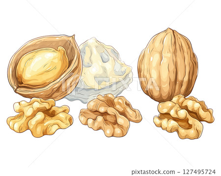 Walnut nut with shell and kernel pieces isolated on transparency background, healthy snack food Walnut nut with shell and kernel pieces isolated on transparency background, healthy snack food 127495724