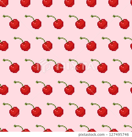 Seamless pixel art cherry pattern. Repeating red cherries with green stems on a soft pink background. Cute and simple summer fruity design for textile or packaging. Vector illustration. Seamless pixel art cherry pattern. Repeating red cherries with green stems on a soft pink background. Cute and simple summer fruity design for textile or packaging. Vector illustration. 127495746