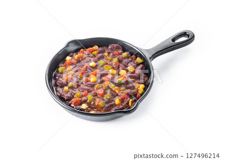 Mexican chilli beans with vegetables isolated on white background Mexican chilli beans with vegetables isolated on white background 127496214