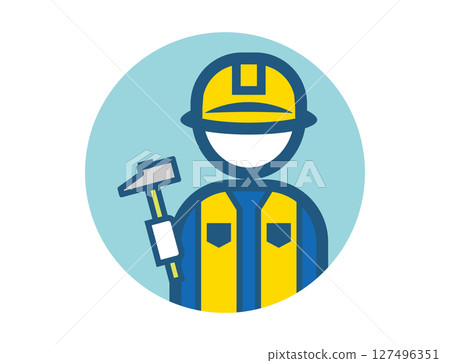 工匠手持錘子的簡單圓形彩色插圖圖標 127496351