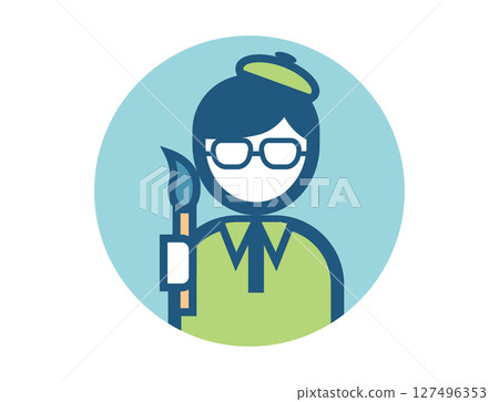 圓形、簡單、色彩鮮豔的畫家手持畫筆的插圖圖標 127496353