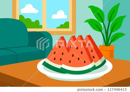 Summer living room and cut watermelon illustration 127496415