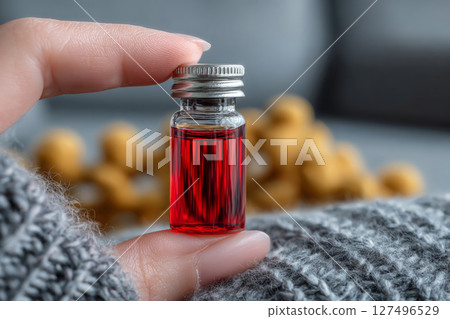 Hand holding small glass vial with red liquid 127496529