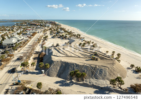 Piles of sand at Charlotte County sand recipient site at Englewood Beach on Manasota Key as hurricane Milton aftermath cleanup 127496548