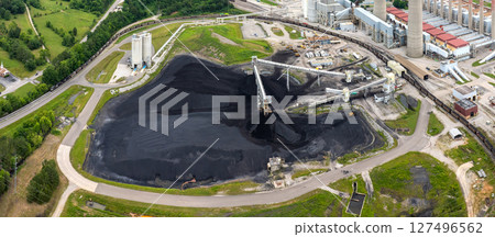 Pile of coal at thermal power station producing electricity by burning fossil fuel. Kingston Steam Plant in Roane County, Tennessee Pile of coal at thermal power station producing electricity by burning fossil fuel. Kingston Steam Plant in Roane County, Tennessee 127496562